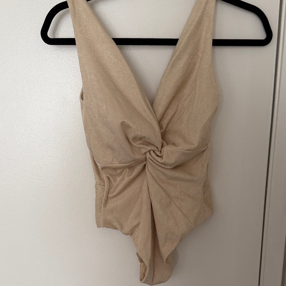 Shimmery Neutral Twist-Front Bodysuit